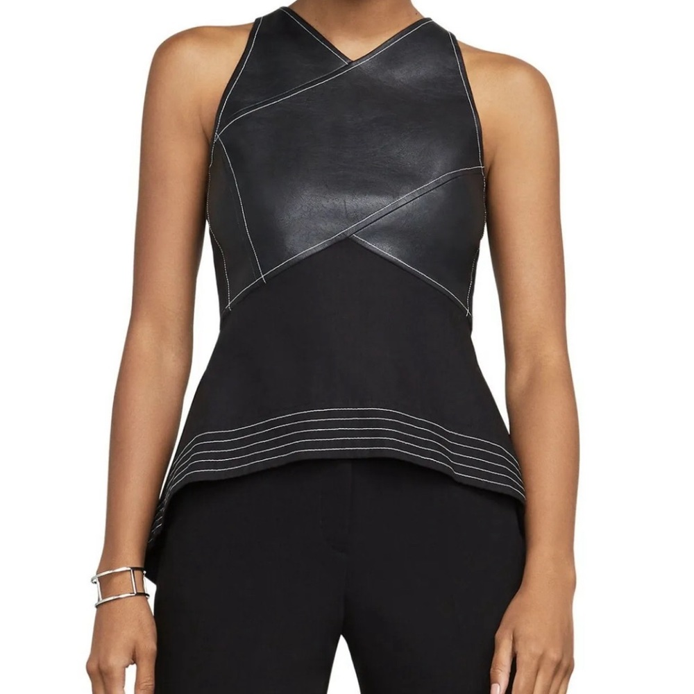 BCBGMAXAZRIA BLACK LUELLA FAUX-LEATHER PEPLUM TOP NWT - LIVE SHOW!